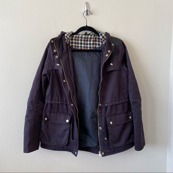 Topshop-Navy Utility Lightweight Jacket With Plaid Hood/Gold Hardware - Picture 3 of 9